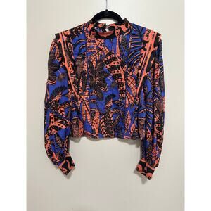 Farm Rio Tropical Pleated Long-Sleeve Blouse Size XS